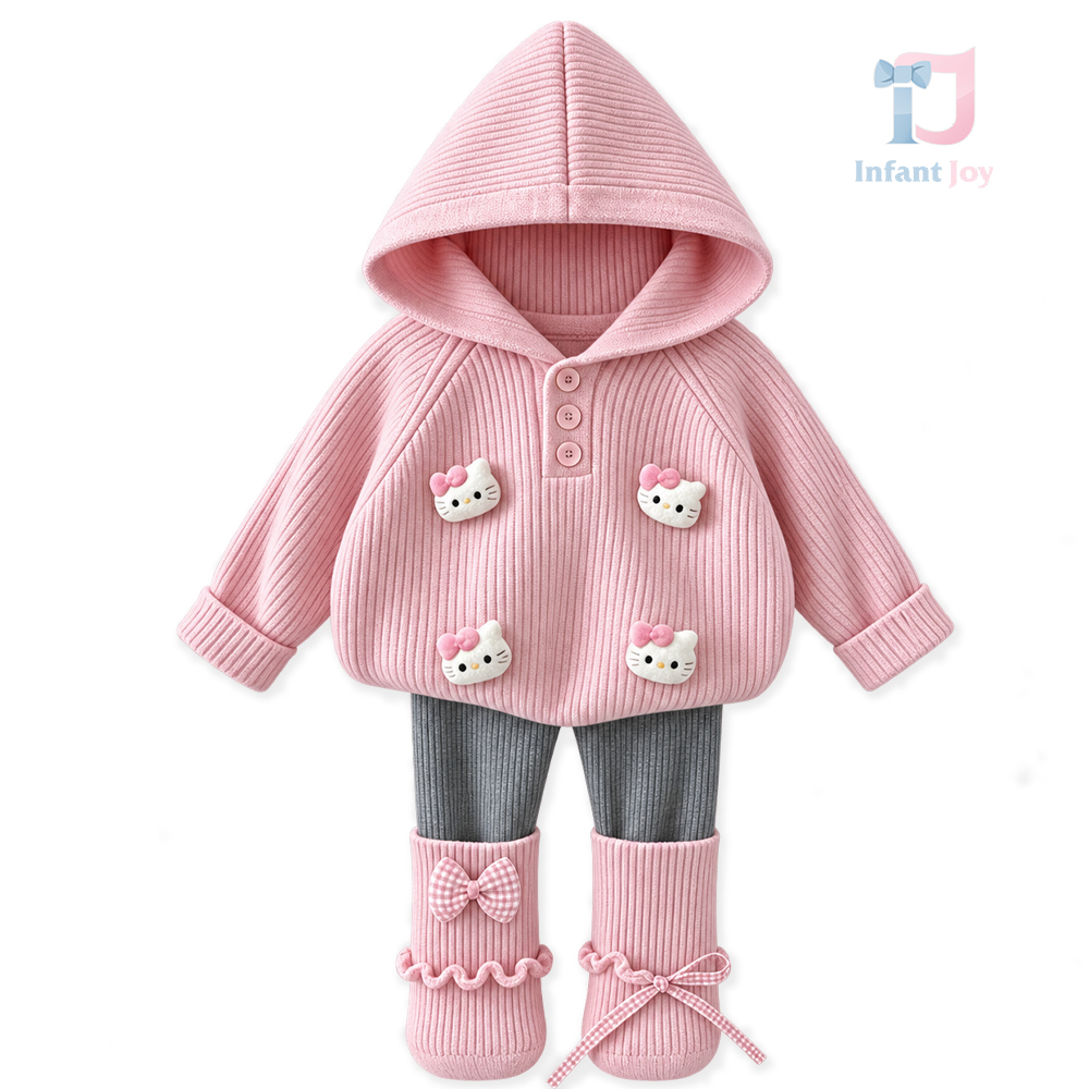 Set de 2 piese din tricot cu bluză/hanorac, elemente 3D și colanți cu ghetre cusute Sweet Meow