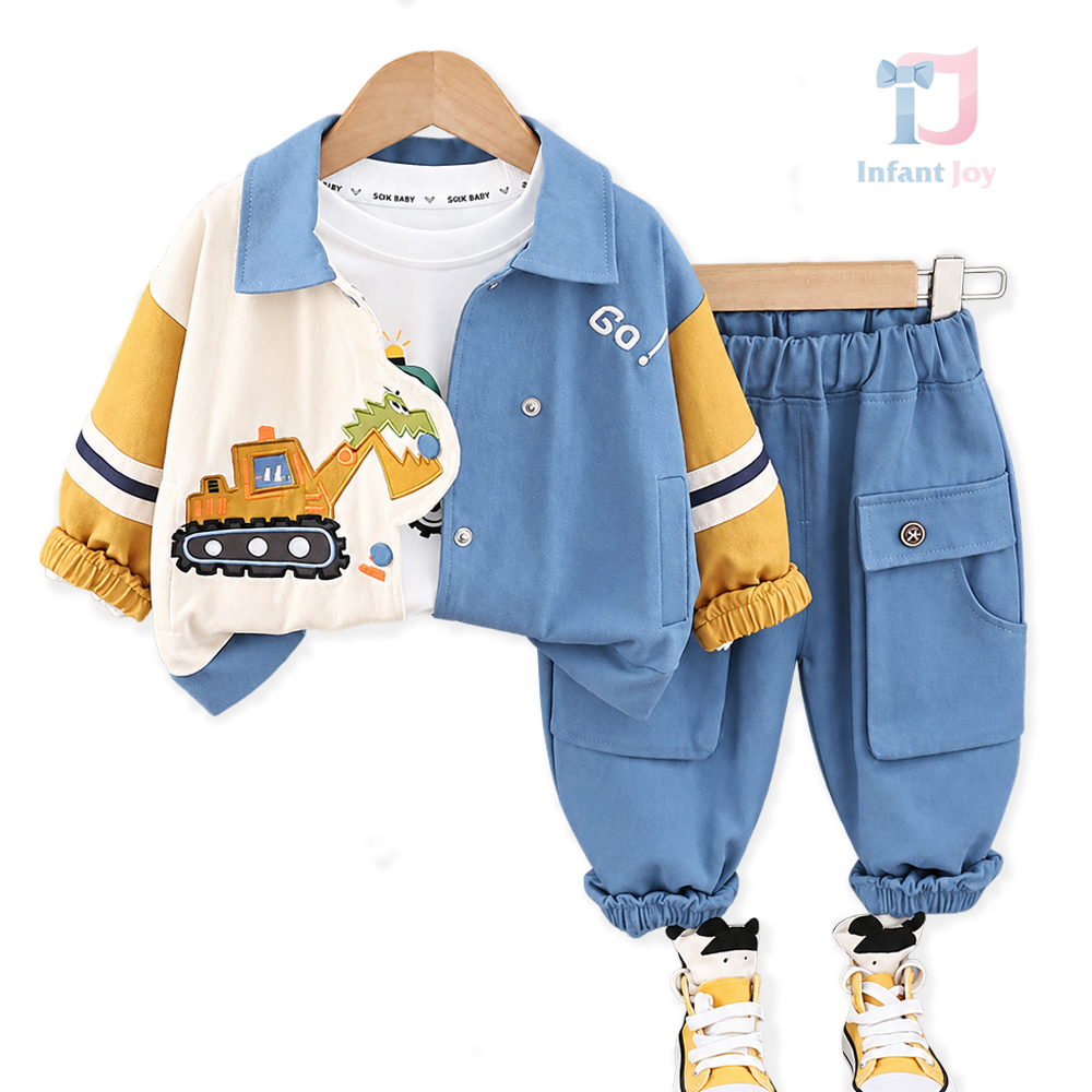 Set de 3 piese cu jachetă extravagantă cu guler clasic, bluză cu imprimeu și pantaloni cargo Build & Roar Blue