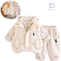 Set Vătuit din 3 Piese cu Vestă Matlasată, Hanorac cu Glugă și Pantaloni Sport Polo Pop Beige