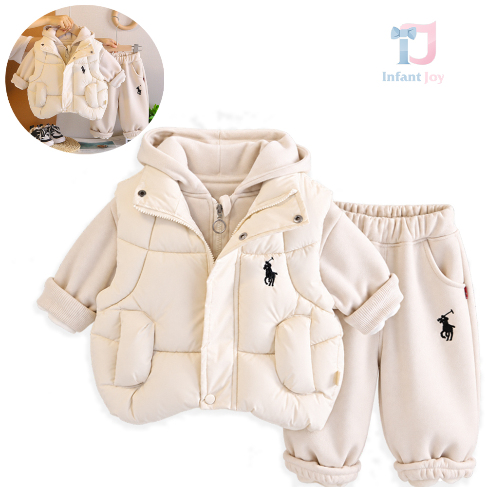 Set Vătuit din 3 Piese cu Vestă Matlasată, Hanorac cu Glugă și Pantaloni Sport Polo Pop Beige