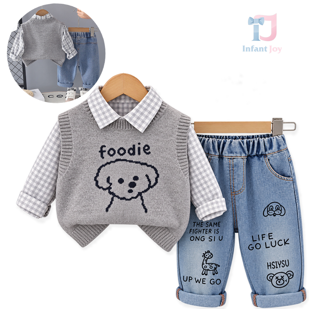 Set sport-elegant de 3 piese cu vestă din tricot, cămașă în carouri și pantaloni din denim cu imprimeuri multiple Apple Pie