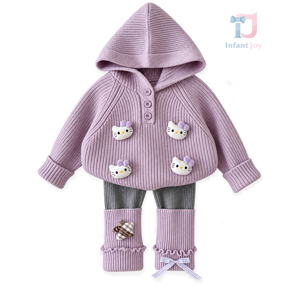 Set premium de 2 piese cu bluză tricotată cu glugă, aplicații 3D și colanți din tricot reiat cu jambiere Soft Kitty Lilac