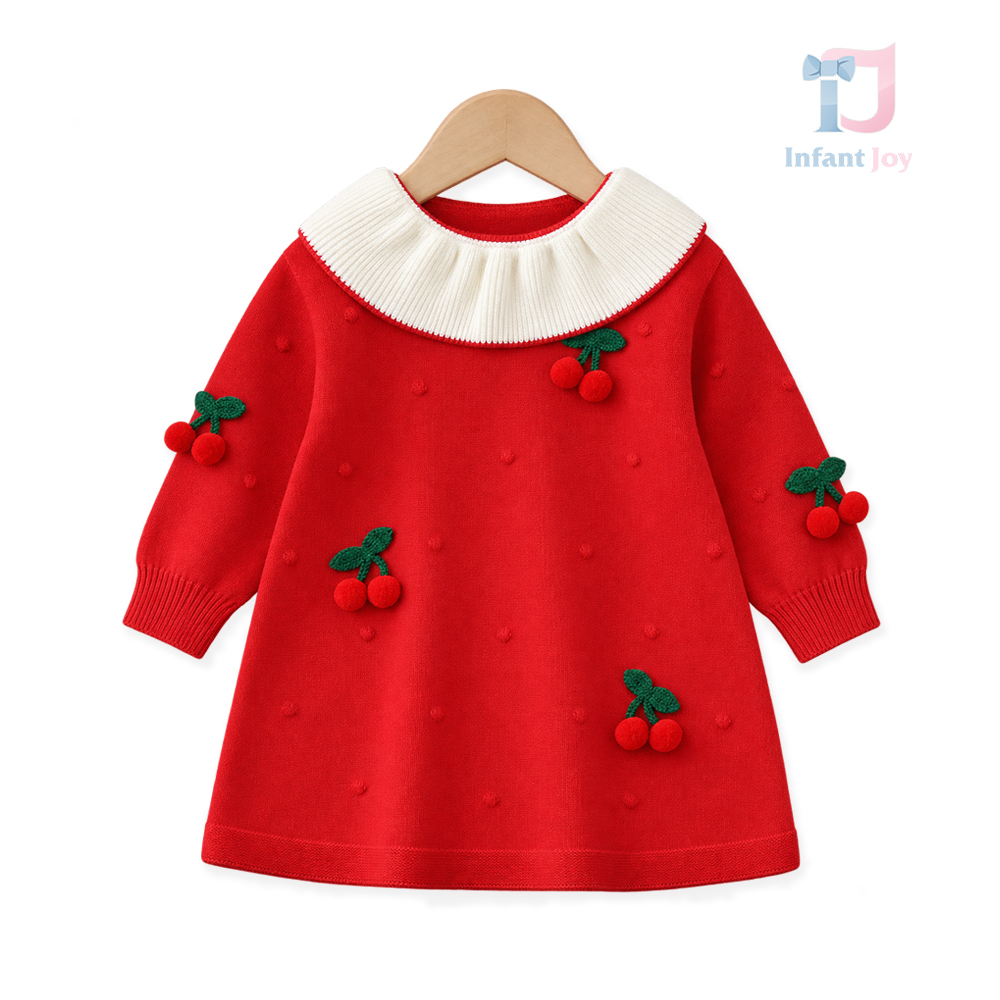 Rochie din tricot cu guler spectaculos și cireșe 3D Cherry Dreams