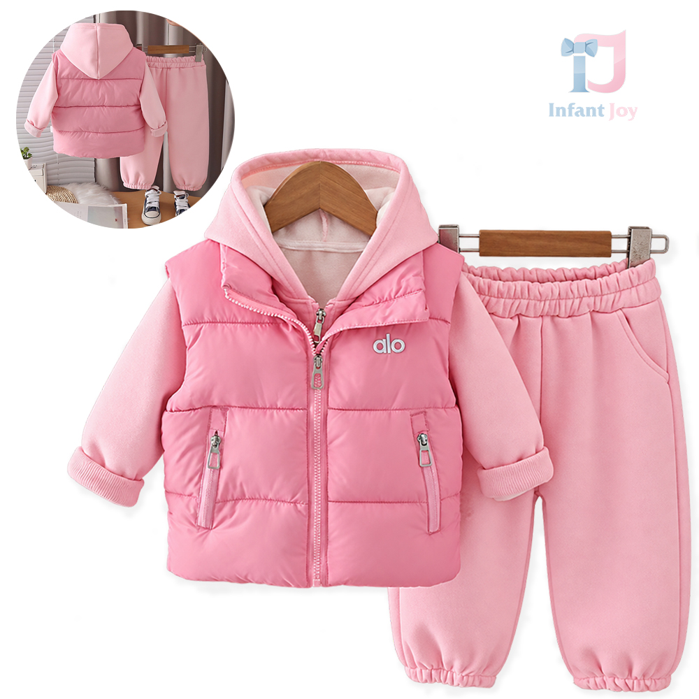 Set de 3 piese matlasat, cu vestă matlasată, hanorac cu glugă și pantaloni Alo Mode Pink