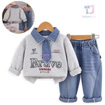 Set de 3 piese cu hanorac cu guler din denim, cravată detașabilă și pantaloni din denim Brave Boy