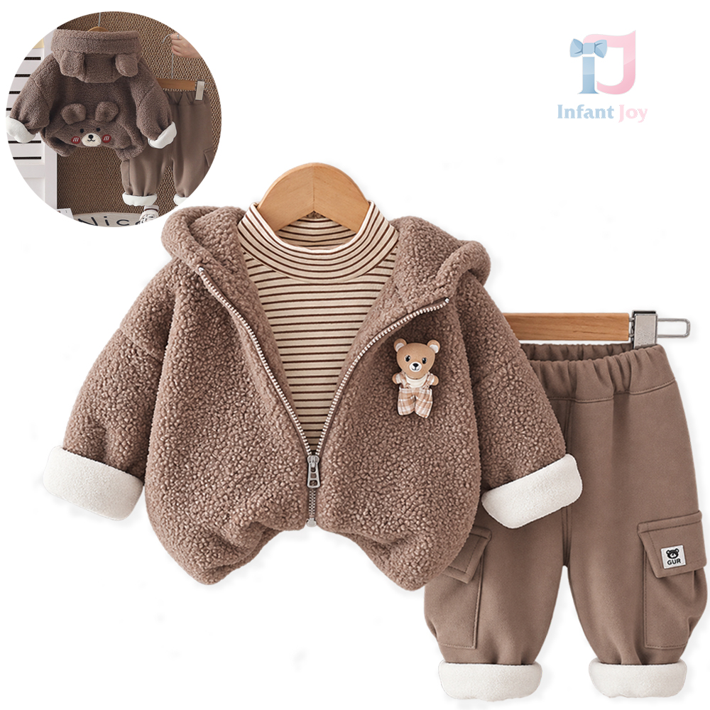 Set de 3 piese vătuit cu jachetă pufoasă cu glugă, bluză în dungi cu guler înalt și pantaloni cargo Teddy Cargo Chocco