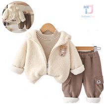 Set de 3 piese vătuit cu jachetă pufoasă cu glugă, bluză în dungi cu guler înalt și pantaloni cargo Teddy Cargo