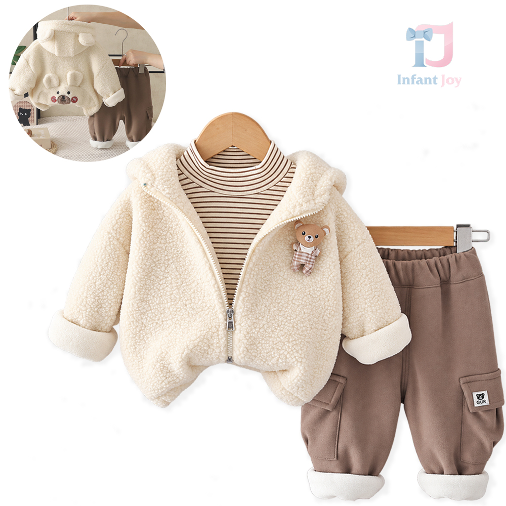 Set de 3 piese vătuit cu jachetă pufoasă cu glugă, bluză în dungi cu guler înalt și pantaloni cargo Teddy Cargo