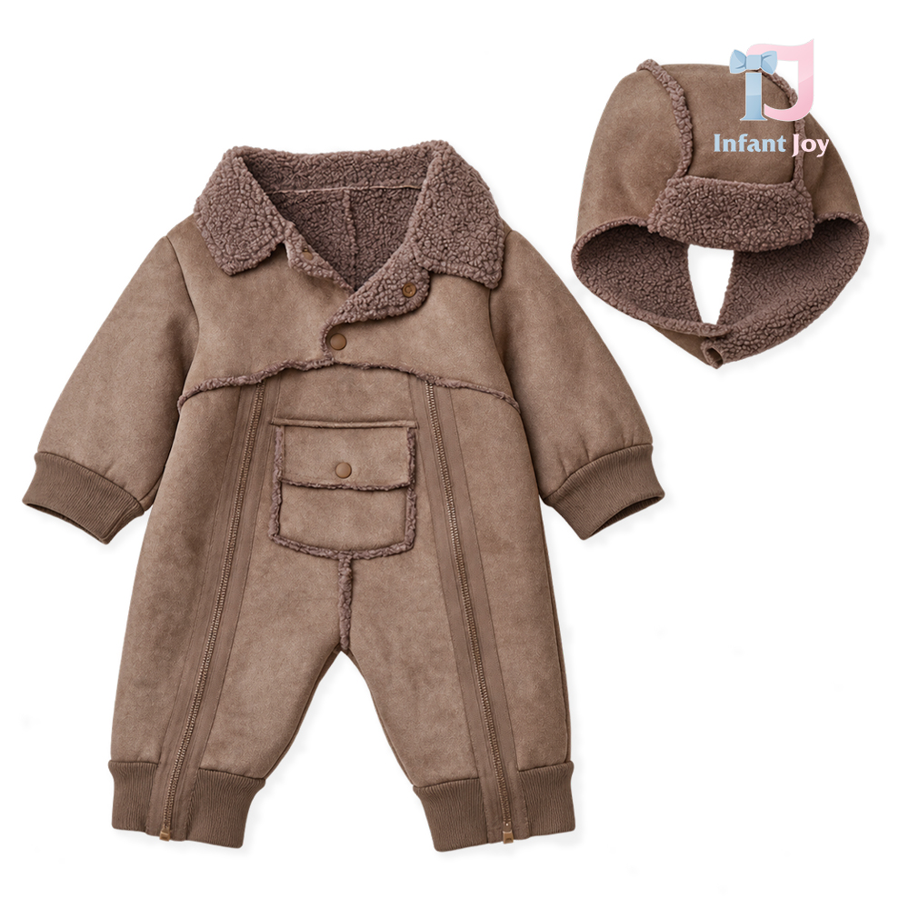 Set de 2 piese premium cu salopetă călduroasă din velur ecologic, cu buzunar mare și căciulă Warm Journey Grey
