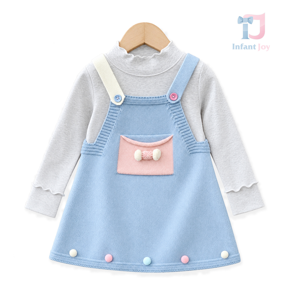 Set de 2 piese cu bluză și tunică tricotată cu bretele contrastante, buzunărel și pompoane Candy Dots Blue