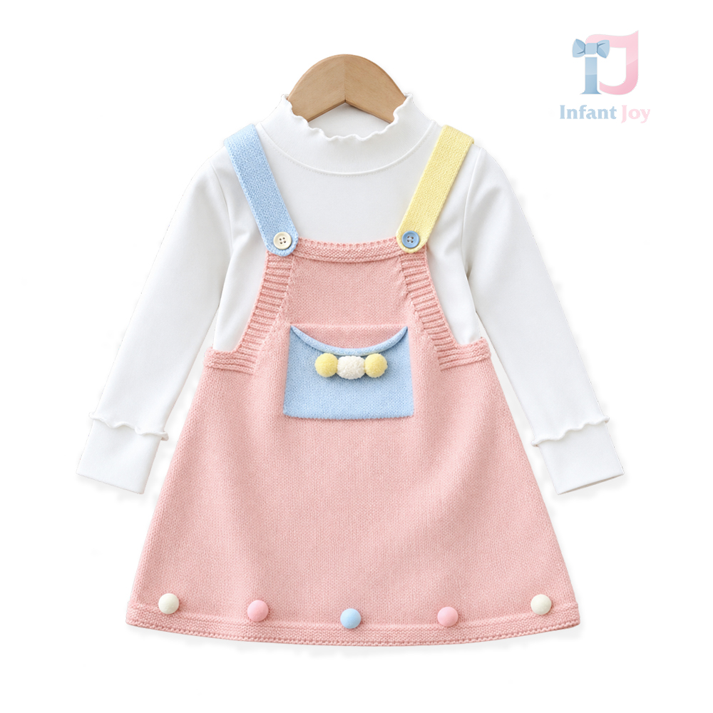 Set de 2 piese cu bluză și tunică tricotată cu bretele contrastante, buzunărel și pompoane Candy Dots