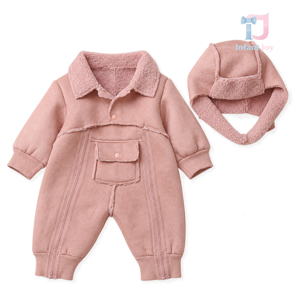 Set de 2 piese premium cu salopetă călduroasă din velur ecologic, cu buzunar mare și căciulă Warm Journey Pink