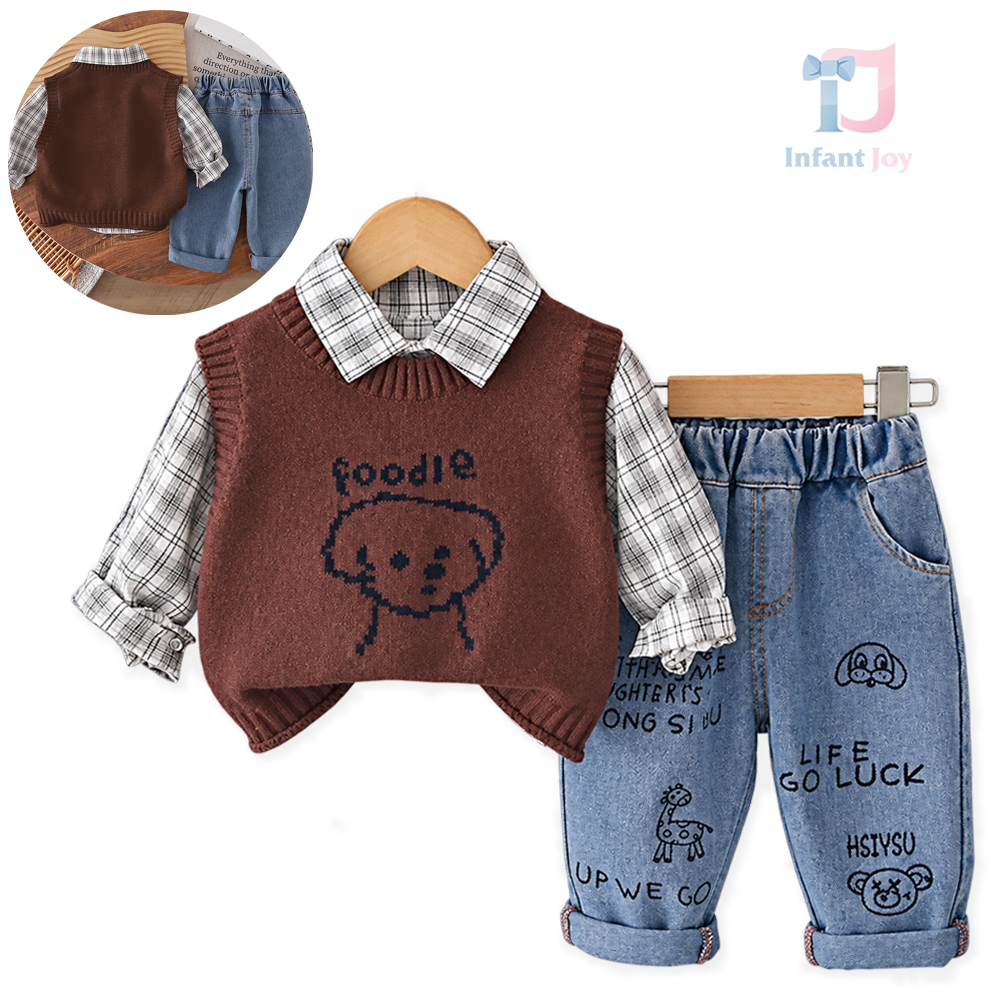 Set de 3 piese sport-elegant cu vestă din tricot, cămașă în carouri și pantaloni din denim cu numeroase imprimeuri Apple Pie Brown