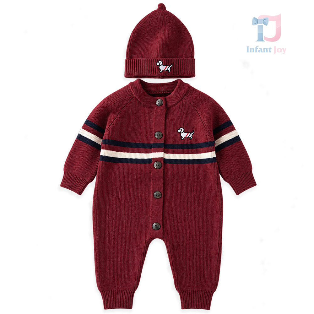 Set din tricot cu salopetă și căciulă cu emblemă brodată Puppy Stripe Red