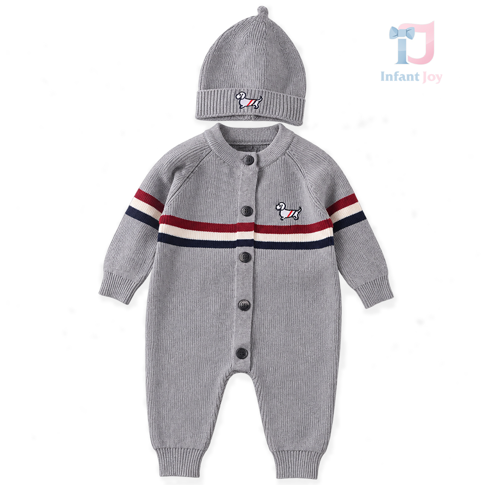 Set din tricot cu salopetă și căciulă cu emblemă brodată Puppy Stripe Grey
