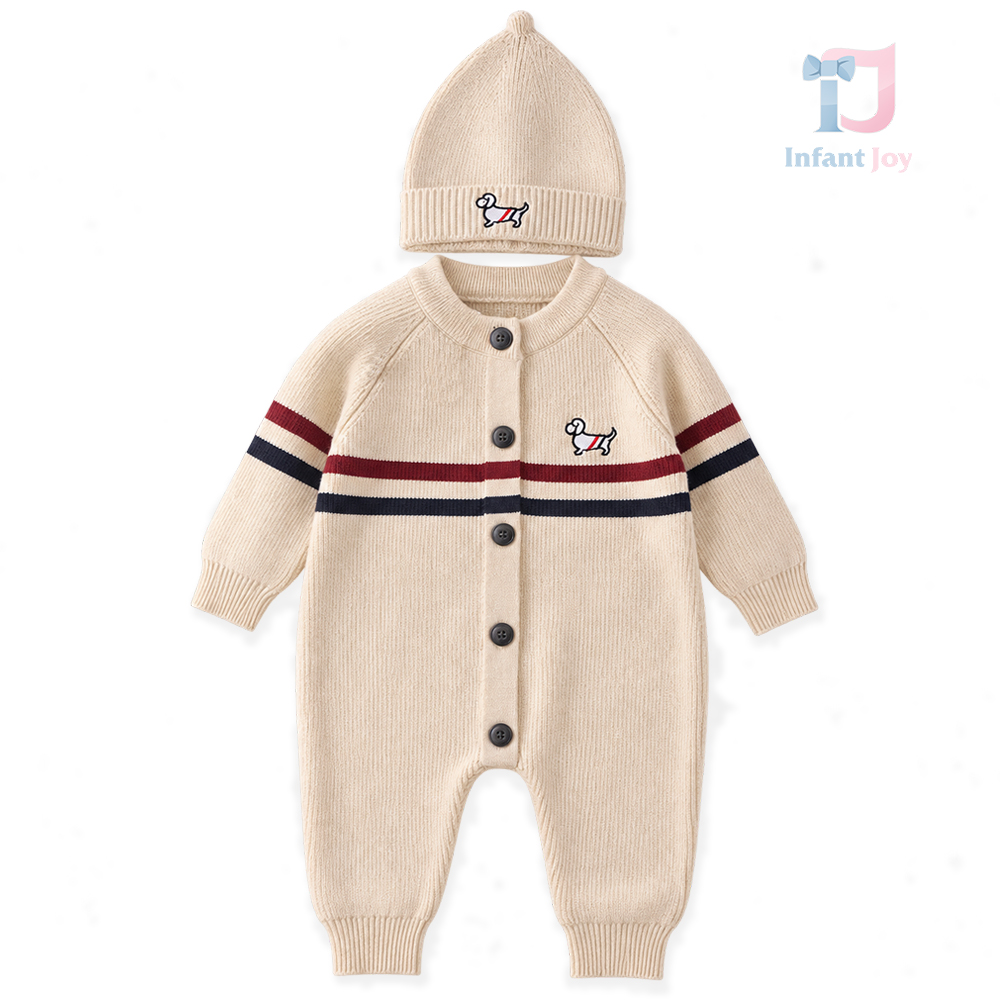 Set din tricot cu salopetă și căciulă cu emblemă brodată Puppy Stripe