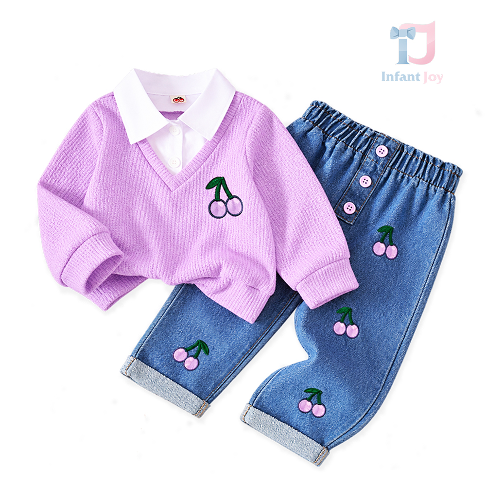 Set de 2 piese cu bluză cu cămașă cusută și pantaloni din denim Cherry Denim Lilac