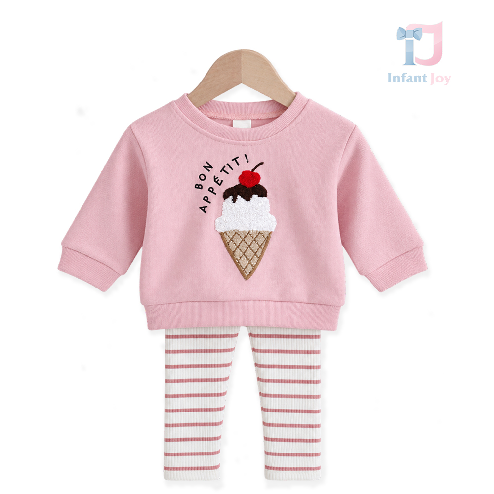 Set de 2 piese cu bluză/sweatshirt cu aplicație din pluș și colanți reiați Bon Appetit Pink