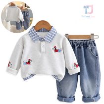 Set de 2 piese sport-elegant cu bluză/sweatshirt cu guler clasic, broderii și pantaloni din denim Bluedogs Grey