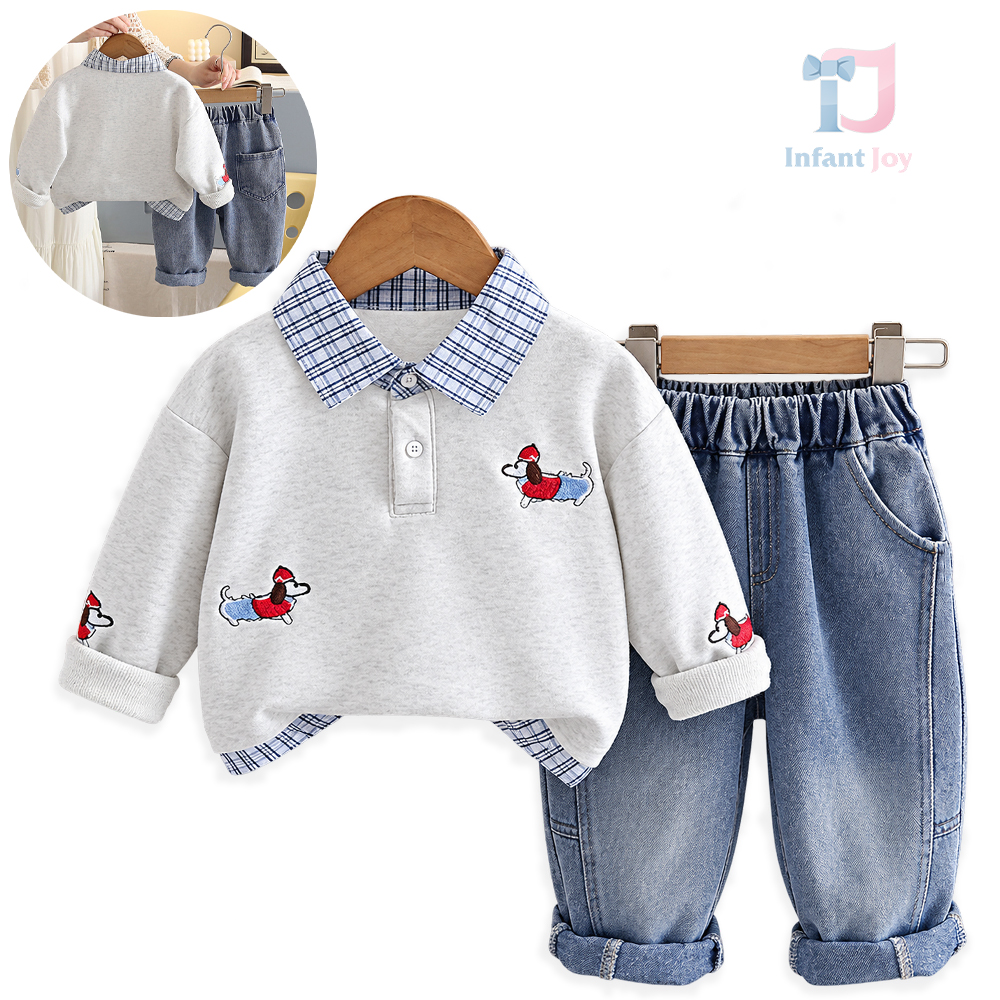 Set de 2 piese sport-elegant cu bluză/sweatshirt cu guler clasic, broderii și pantaloni din denim Bluedogs Grey