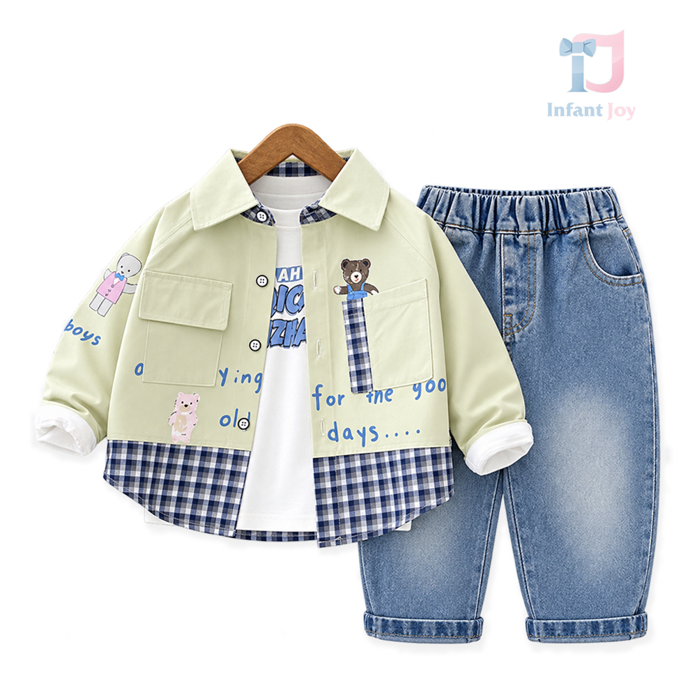 Set de 3 piese format din cămașă cu imprimeuri multiple, bluză și pantaloni din denim Good Days Green