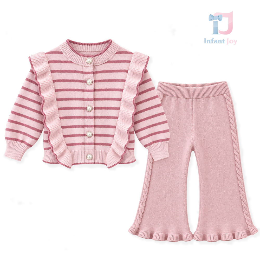 Set de 2 piese elegant cu vestă tricotată, nasturi perlă și pantaloni evazați Pearl Ruffle Pink