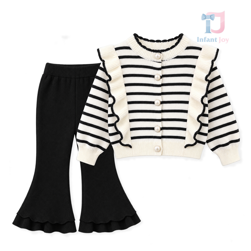 Set de 2 piese elegant cu vestă tricotată, nasturi perlați și pantaloni evazați Pearl Ruffle